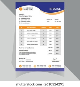 Clean and modern invoice design with a professional layout, perfect for businesses seeking efficient billing solutions. Ideal for corporate branding and enhancing customer experience. ‍ Thank You .