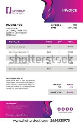 Clean and modern invoice template with professional layout, perfect for business and freelance use.