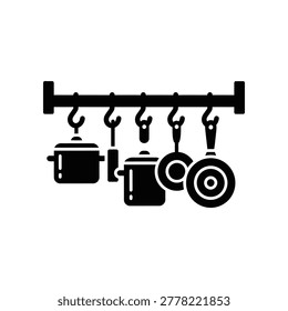 Clean and modern kitchen illustration with hanging utensils, pots, and ladles on a sleek black rail for home decor.