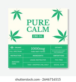 Um design de etiqueta limpo e moderno para "Pure Calm CBD Oil" com motivos de folha de maconha, informações de dosagem e certificação orgânica. Ideal para embalagem e marca de produtos.