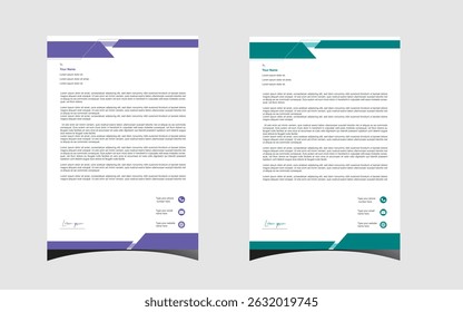 Clean and modern letterhead design with geometric accents in purple and green, ideal for professional and corporate use.