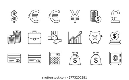A clean modern line art collection of global monetary symbols and financial instruments for business and economic concepts. Ideal for website design.