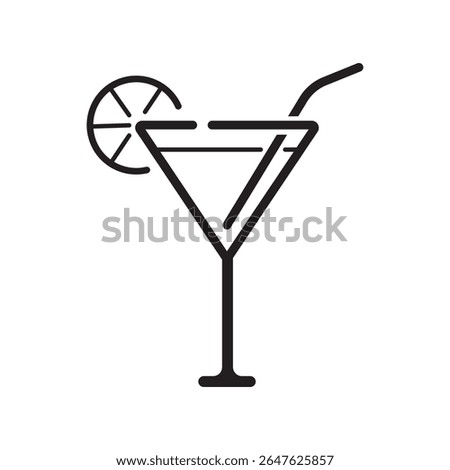 A clean and modern line art icon of a cocktail glass with a straw and citrus garnish. Ideal for menus, bar signage, apps, and party invitations.