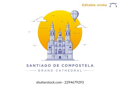 Clean modern line art illustration of the Grand Cathedral of Santiago de compostela in Spain. Minimalist style landmark illustration. Vector art with fully editable stroke lines.