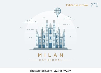 Clean modern line art illustration of the Duomo Cathedral in Milan, Italy. Minimalist style landmark illustration. Vector art with fully editable stroke lines.