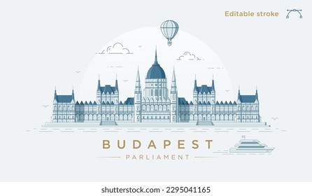 Clean modern line art illustration of the parliament building in Budapest. Minimalist style European City illustration. Vector art with fully editable stroke lines.