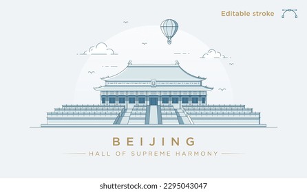 Clean modern line art illustration of the Hall of Supreme harmony in the Forbidden City in Beijing, China. Minimalist style City illustration. Vector art with fully editable stroke lines.