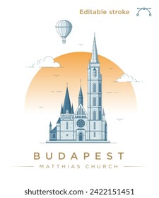 Clean modern line art illustration of the Matthias Church in Budapest, Hungary. Minimalist style landmark illustration. Vector art with fully editable stroke lines.