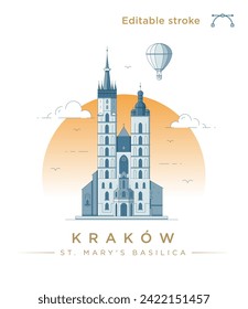 Clean modern line art illustration of the St. Mary's Basilica in Kraków, Poland. Minimalist style landmark illustration. Vector art with fully editable stroke lines.