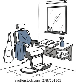 A clean and modern line art vector illustration of an empty barber shop station setup. The graphic features a classic vintage barber chair with a blue hairdressing cape and towel, placed in front of a wooden counter holding essential styling tools including scissors, a hair comb, an electric hair clipper, and a blue spray bottle. A large wall mirror with grooming products on a shelf sits above the table, with a stylist's apron hanging to the side. This minimal doodle style icon graphic is ideal for men's grooming salons, hairdressing businesses, beauty industry marketing, and commercial web design.