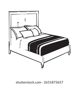 A clean, modern line drawing of a queen-sized bed with a tufted headboard, crisp white linens, and a dark striped throw blanket. Perfect for interior design or furniture concepts.