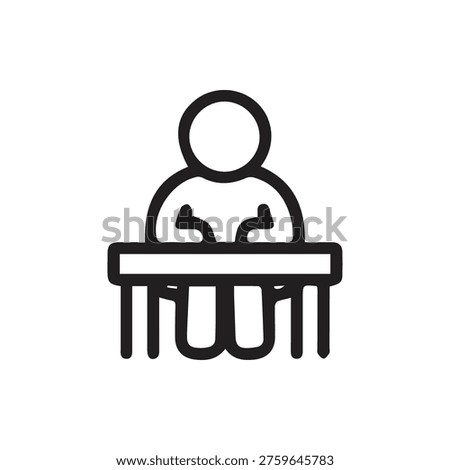 A clean, modern line icon depicting a person sitting at a desk. Perfect for representing a student, employee, learning, working, or a workstation.