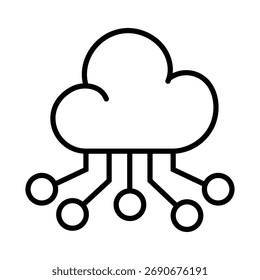 Ein sauberes, modernes Liniensymbol, das Cloud Computing darstellt. Dieses Symbol mit einer Cloud, die mit Netzwerkknoten verbunden ist, eignet sich perfekt zur Veranschaulichung von Datenspeicherung, Online-Diensten und Technologie 
