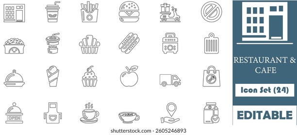 A clean and modern line icon set themed around restaurants, cafes, and food delivery. Ideal for menus, apps, branding, packaging, and digital food services.