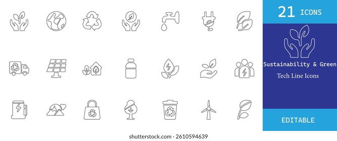 A clean, modern line icon set featuring 21 sustainability and green technology symbols. Perfect for eco-friendly apps, renewable energy projects, and environmental presentations.
