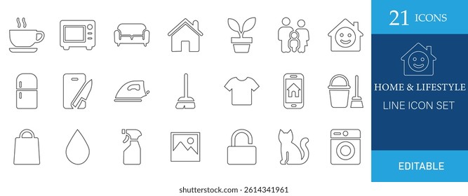A clean and modern line icon set featuring 21 editable vector icons themed around home and lifestyle. Perfect for apps, websites, infographics, and digital design projects.