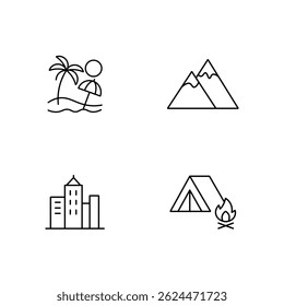 A clean and modern line icon set representing various travel and outdoor destinations