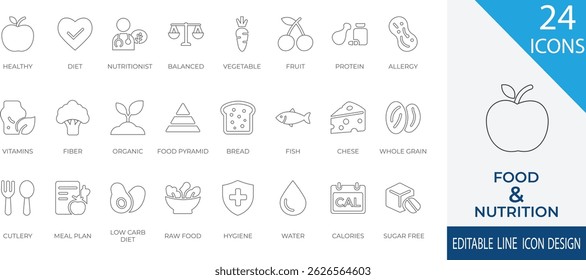 A clean and modern line icon set focused on healthy eating and balanced nutrition. fruits, proteins, vitamins, food pyramid, meal plans, and more. Perfect for diet apps, health blogs, and nutritionist