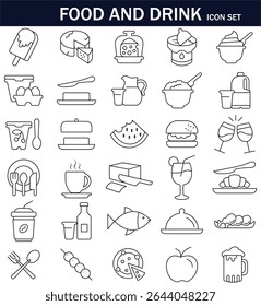 Un conjunto de iconos de línea limpio y moderno con 30 alimentos y bebidas que incluyen aperitivos, bebidas, comidas, postres, frutas y utensilios. Perfecto para App, menús, Sitios web e infografías