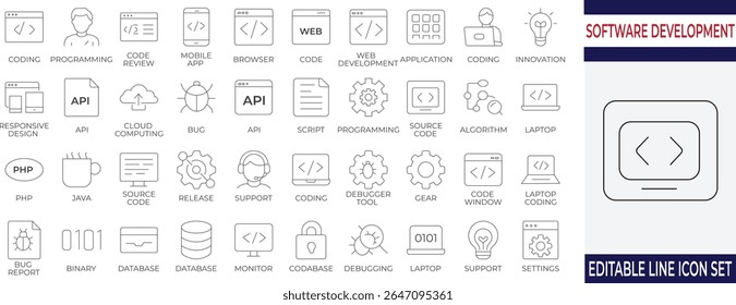 Clean, modern line icon set for software development, coding, API, and debugging projects. Perfect for apps, SaaS websites, and developer dashboards with a consistent style.
