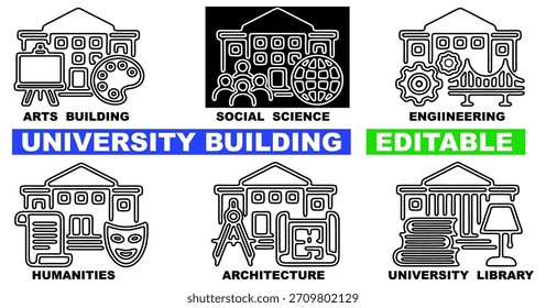 Clean and modern line icon set featuring various university faculty buildings. Perfect for education, campus maps, academic presentations, and university branding projects.editable vector illustration