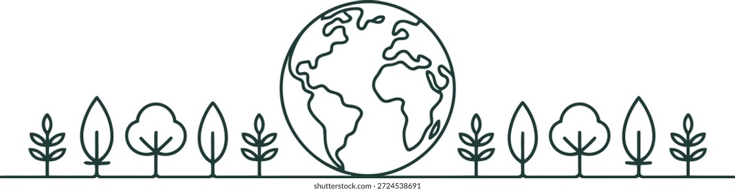 Saubere und moderne Liniendarstellung, die die globale Umweltverträglichkeit betont, mit der Erde, die von einem Wald stilisierten Pflanzenlebens umgeben ist.