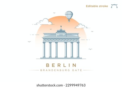 Clean modern line-art illustration of the Brandenburg Gate in Berlin, Germany. Minimalist style European City illustration. Vector art with fully editable stroke lines.