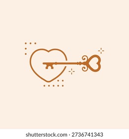 A clean and modern line-art illustration featuring a brown skeleton key with a heart-shaped bow entering a heart outline. Set against a soft cream background and accented with subtle geometric dots and sparkles, this elegant graphic is perfect for wedding invitations, Valentine's Day branding, or symbolic "key to my heart" romantic designs.