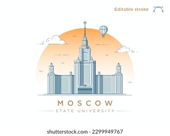 Clean modern line-art illustration of theState University building in Moscow, Russia. Minimalist style European City illustration. Vector art with fully editable stroke lines.