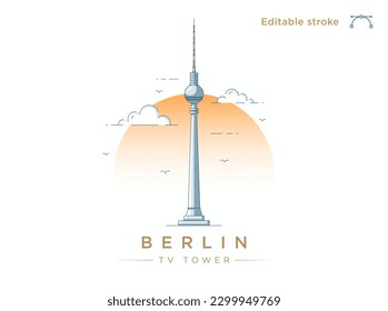 Clean modern line-art illustration of the TV Tower in Berlin, Germany. Minimalist style European City illustration. Vector art with fully editable stroke lines.