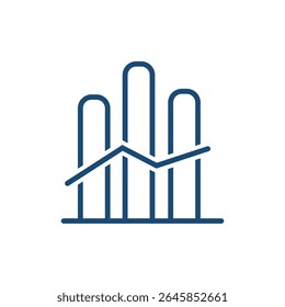 Icono de Vector de estilo de línea limpio y moderno que representa el análisis de negocios y la visualización de datos. El diseño presenta un gráfico de barras combinado con un gráfico de líneas, que simboliza el crecimiento financiero.