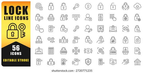 Clean And Modern Lock Line Icon Set Featuring Security, Privacy, Password, Access Control, And Data Protection Symbols. Editable Stroke Line Icon Ideal For Web, App, And UI Design. Isolated Vector Icons.