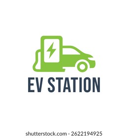 A clean and modern logo design featuring an electric vehicle connected to a green charging station. Ideal for eco-friendly energy brands, EV infrastructure, and sustainable mobility businesses.