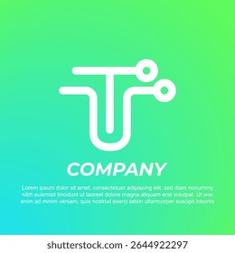 Um design de logotipo limpo e moderno com uma forma "T" branca e estilizada com círculos conectados, assemelhando-se a circuitos, definido contra um fundo verde gradiente. A palavra "EMPRESA" está abaixo.