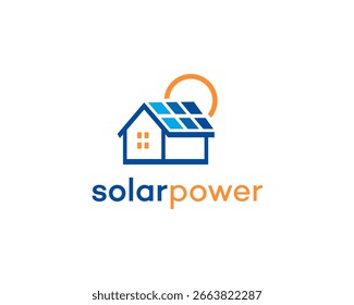 Design de logotipo limpo e moderno com uma casa com painéis solares e um sol, ideal para empresas de energia renovável. Perfeito para materiais de marca e marketing.