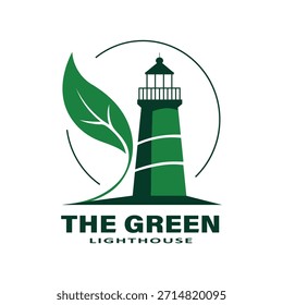 Ein sauberes und modernes Logo-Design mit einem stilisierten Leuchtturm in tiefgrüner Farbe. Links vom Leuchtturm ist ein großes grünes Blatt in das Design integriert, das die Themen Natur, Nachhaltigkeit und Umweltfreundlichkeit betont. Der Leuchtturm und das Blatt sind in gekrümmten Kreislinien eingeschlossen, was Schutz oder einen Zyklus nahe legt. Unterhalb der Grafik sind die Worte "THE GREEN LIGHTHOUSE" in fettgrünem Text gedruckt. Das Gesamtdesign verbindet natürliche Elemente mit einem Symbol für Richtung und Sicherheit, geeignet für eine Marke, die sich auf ökologische Ursachen oder nachhaltiges Leben konzentriert.