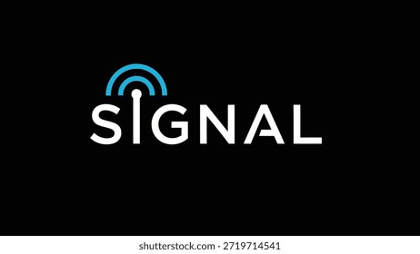 Un diseño de logotipo limpio y moderno con la palabra "SIGNAL" en blanco, con una antena estilizada que emite ondas azules sobre la letra 'i'. El logotipo es