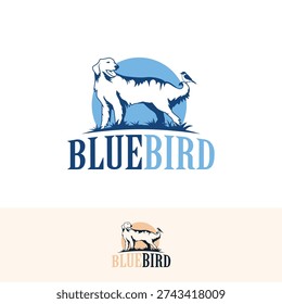 A clean and modern logo design featuring a golden retriever dog with a small bird perched on its back, set against a blue circular background.