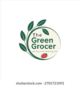 A clean and modern logo design for a green grocer, organic food shop, or fresh produce market. The logo features a circular badge with green leaves, a small tomato illustration, and bold typography. P