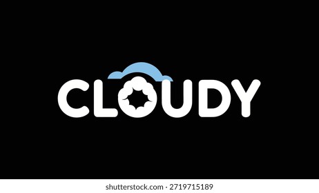 Ein sauberes und modernes Logo-Design präsentiert das Wort "Cloudy" in kräftiger weißer Typografie auf schwarzem Hintergrund. Eine abstrakte blaue Wolkenform