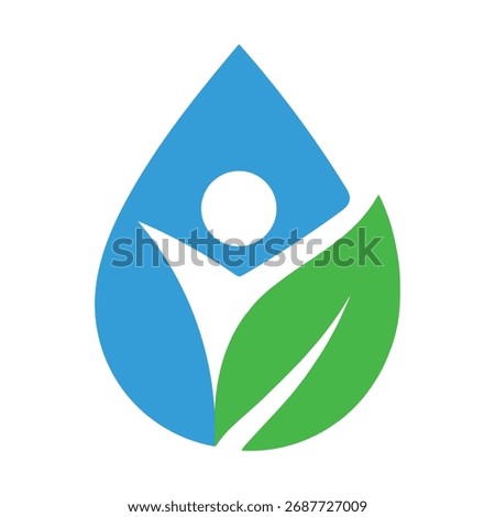 A clean and modern logo featuring a human silhouette embracing a water droplet alongside a vibrant green leaf, representing vitality, wellness, and environmental consciousness.