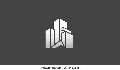 Um logotipo limpo e moderno com arranha-céus estilizados com um gradiente metálico prateado. Este design geométrico abstrato é perfeito para arquitetura, imóveis ou marcas corporativas.