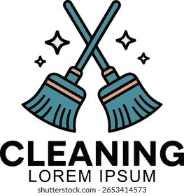 Um logotipo limpo e moderno com duas vassouras cruzadas com cerdas de azul-petróleo e acentos de laranja, simbolizando limpeza e eficiência. Ícones de brilho sugerem um acabamento polido.