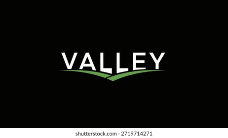 A clean and modern logo featuring the word "VALLEY" in white, overlaying a stylized graphic of green rolling hills against a solid black background.