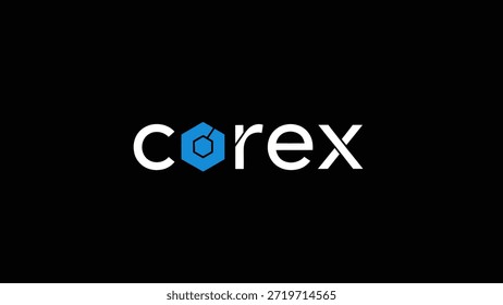 Un logotipo limpio y moderno con la palabra 'Corex' en blanco sans-serif fuente. La letra 'o' se sustituye por una forma hexagonal azul con una interna
