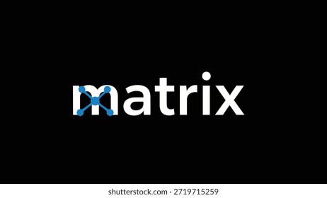Um logotipo limpo e moderno com a palavra 'matrix' em fonte branca sem serifa. A letra "a" é substituída por uma rede de nós interligados, de cor azul,