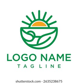 Logotipo limpo e moderno com um sol gráfico emergindo acima de elementos verdes abstratos, sugerindo natureza ou produtos orgânicos. Ideal para marcas de saúde, bem-estar ou sustentáveis.