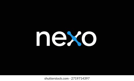 Ein sauberes und modernes Logo für "nexo" mit weißem Text und einem abstrakten blau-weißen Grafikelement, das das "x" auf einem krassen