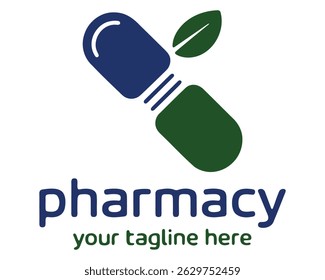 A clean and modern logo for a pharmacy, featuring a stylized pill capsule in navy blue and forest green, symbolizing natural ingredients or holistic approaches.