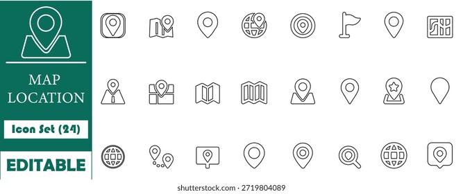 Icono de ubicación de mapa limpio y moderno con 24 símbolos planos negros, perfecto para navegación, GPS, App de viajes, Sitios web, diseño de interfaz de usuario y proyectos digitales.
